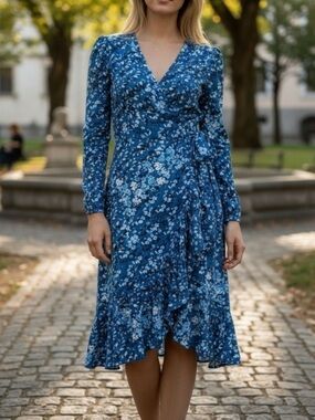 Calvin Klein blue floral faux wrap dress midi length long sleeve ruffle hem 16